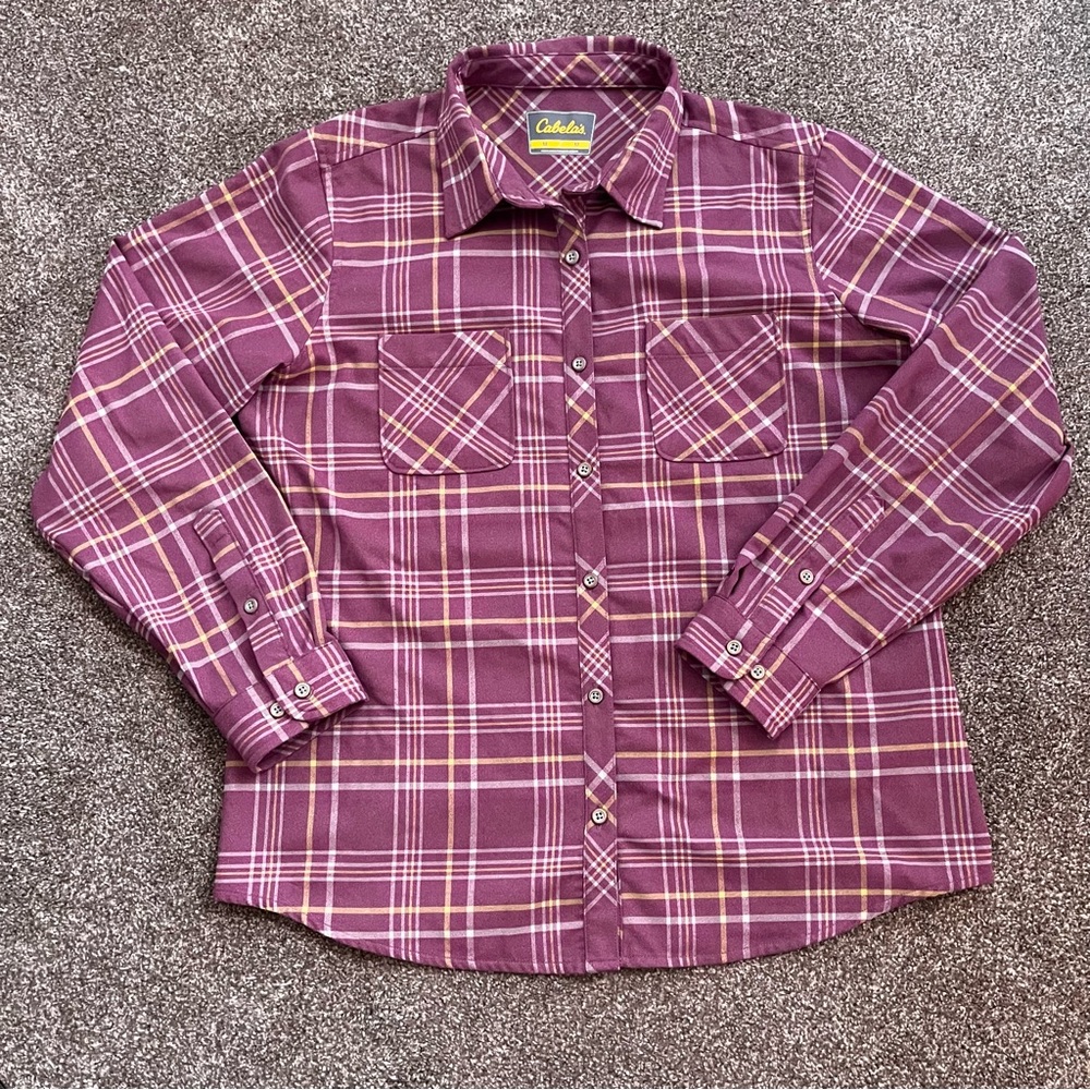 CABELA'S Womens Button Up Plaid Flannel Burgundy Warm Soft Pockets Medium